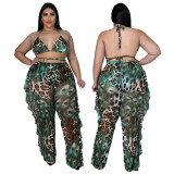 Summer beach sexy print swimsuit mesh Pants three-piece set