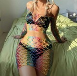 Fishnet Hollow Out Bikini Cover Up Sexy Mesh Colorful Nightclub Two Piece Skirt Set