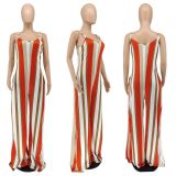 Women's Striped Fashion Straps Pocket One Piece Wide Leg Jumpsuit