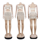 Two-piece nightclub beaded straps open waist mini Skirt Two Piece Set