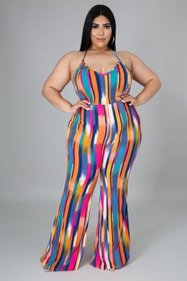 Plus Size Women's Fashion Printed Straps Striped Loose Jumpsuit