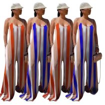 Women's Striped Fashion Straps Pocket One Piece Wide Leg Jumpsuit