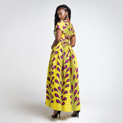 Women Feather Print Bandage Ethnic Style Slit Long Dress