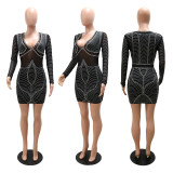 Women Fashion Sexy V-Neck Rhinestone See Through Bodycon Dress