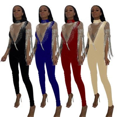 Women Fashion High Neck Solid Rhinestone Long Sleeve Jumpsuit