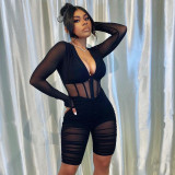 Women Solid Cutout Long Sleeve Sexy Ruched Mesh Romper
