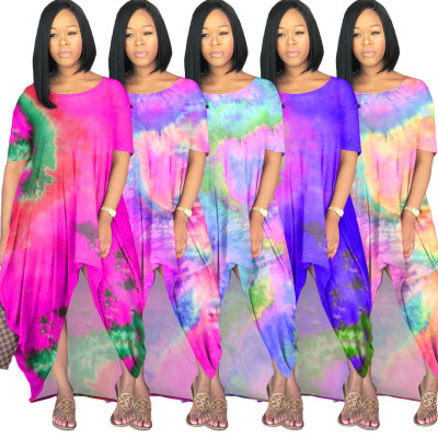 Women Tie Dye Loose Round Neck Short Sleeve Long Dress