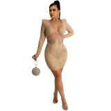 Women Fashion Sexy V-Neck Rhinestone See Through Bodycon Dress