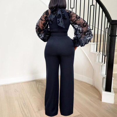 Plus Size Women Stand Collar Mesh Lantern Sleeves Slim Fit Wide Leg Jumpsuit