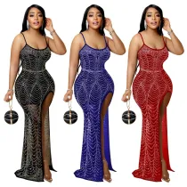 Women Summer Sexy Straps Rhinestone Slit Long Dress