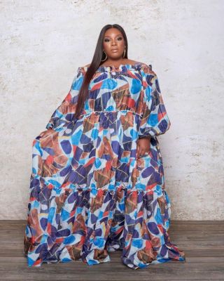 Women Plus Size Print Oversized Line Neck Maxi Dress