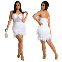 Women Summer Sexy Straps See Through Solid Feather Bodycon Dress