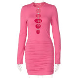 Women Chest Hollow Out Sexy Slim Long Sleeve Dress
