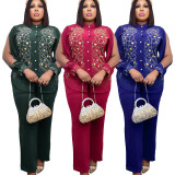 Plus Size Women Rhinestone Shirt And Pant Two-Piece Set