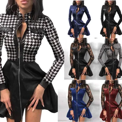 Women Long Sleeve V Neck Zipper Pu Pocket Dress