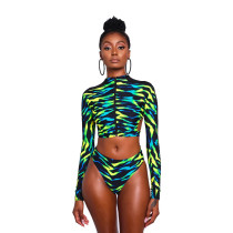 Summer Women One Piece Print Bikini Long Sleeve Swimwear