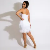 Women Summer Sexy Straps See Through Solid Feather Bodycon Dress