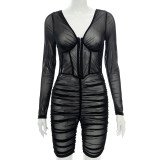 Women Solid Cutout Long Sleeve Sexy Ruched Mesh Romper