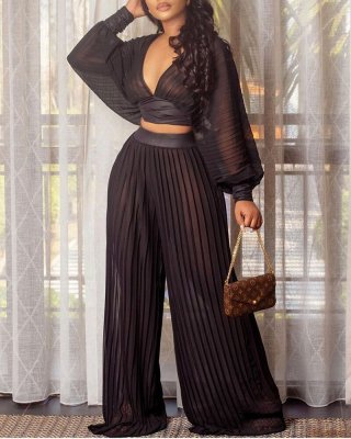 Summer long-sleeved black V-neck top loose Patchwork pleated pleated wide-leg pants two-piece set