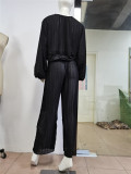 Summer long-sleeved black V-neck top loose Patchwork pleated pleated wide-leg pants two-piece set