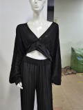 Summer long-sleeved black V-neck top loose Patchwork pleated pleated wide-leg pants two-piece set