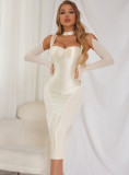 Sexy dress dress temperament tight-fitting long-sleeved banquet mid-length skirt mesh Patchwork hollow satin long skirt