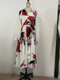 Women's Long Dress Fashion Digital Print Pleated Long Sleeve Dress (without belt)