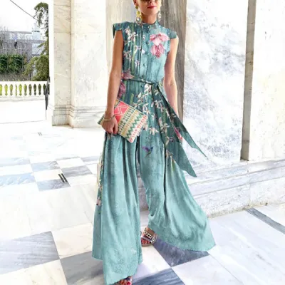 Women's Loose Print Solid Color Sleeveless Jumpsuit