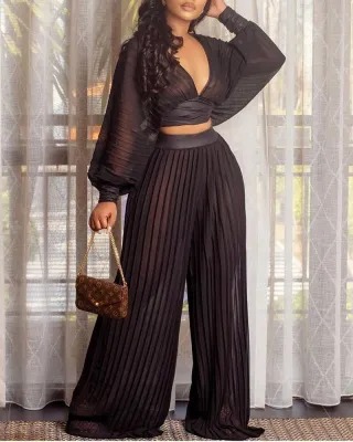 Summer long-sleeved black V-neck top loose Patchwork pleated pleated wide-leg pants two-piece set
