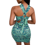 Women Sexy Cut Out Halter Neck Lace Print Bodycon Dress