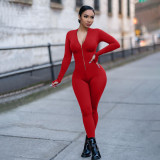 Women Zip Stretch One Piece Fitness Jumpsuit