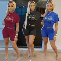 Women Fashion Letter Print Crop Top And Shorts Two Piece Set