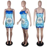 Women Sexy Retro Print Backless Straps Dress