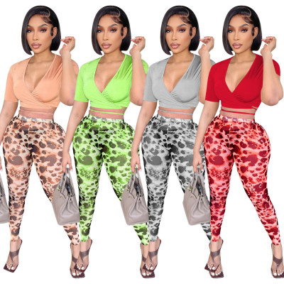 Women Fashion Sexy Solid Top And Print Pant Two Piece