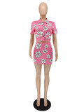 Women Summer Fashion Printed Button Top And Mini Skirt Two-Piece Set