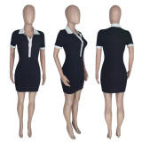 Women Casual Contrast Turndown Collar Short Sleeve Dress