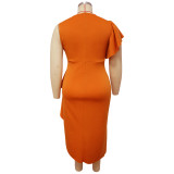 Plus Size Women Solid One Shoulder Ruffles Long Dress