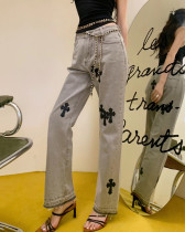Women Summer Gray Cross Straight High Waist Jeans
