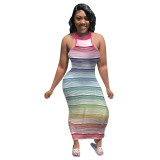 Women Summer Sleeveless Stripe Print Long Dress