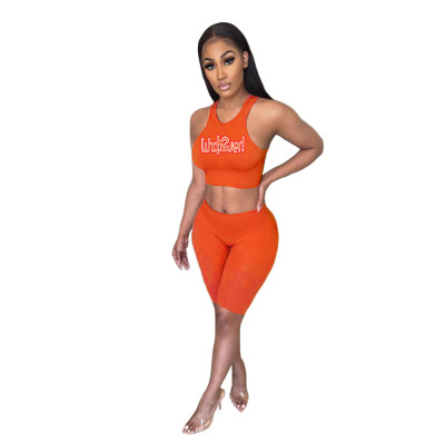 Women Solid Letter Vest And Shorts Two Piece Set