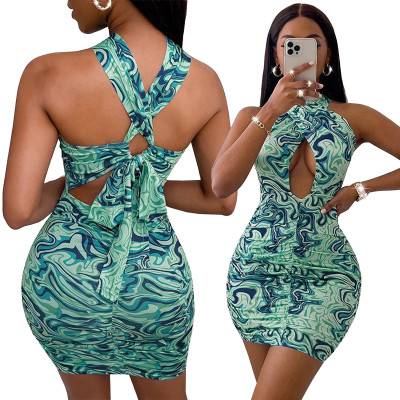 Women Sexy Cut Out Halter Neck Lace Print Bodycon Dress