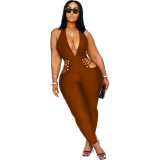 Women Sexy Solid Deep V Halter Sleeveless Jumpsuit