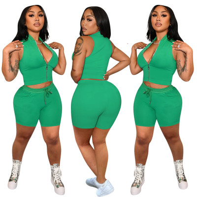 Women Fashion Sexy Solid Zipper Top And Shorts Two-Piece Set