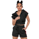 Women's Casual Hooded Strap Zipper Pocket Tracksuit Two Piece Shorts Set