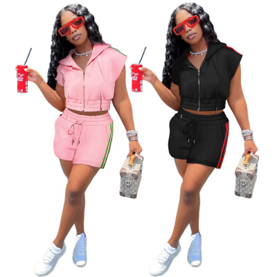 Women's Casual Hooded Strap Zipper Pocket Tracksuit Two Piece Shorts Set