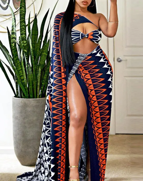 Colorful Print slash shoulder Cutout Slit Dress