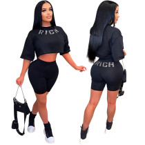 Fashionable casual fitted three-quarter sleeve beaded two piece sports set