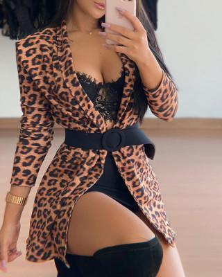 Women Leopard print long sleeve Jacket with belt