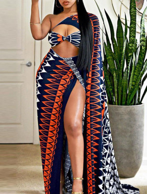 Colorful Print slash shoulder Cutout Slit Dress