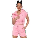 Women's Casual Hooded Strap Zipper Pocket Tracksuit Two Piece Shorts Set